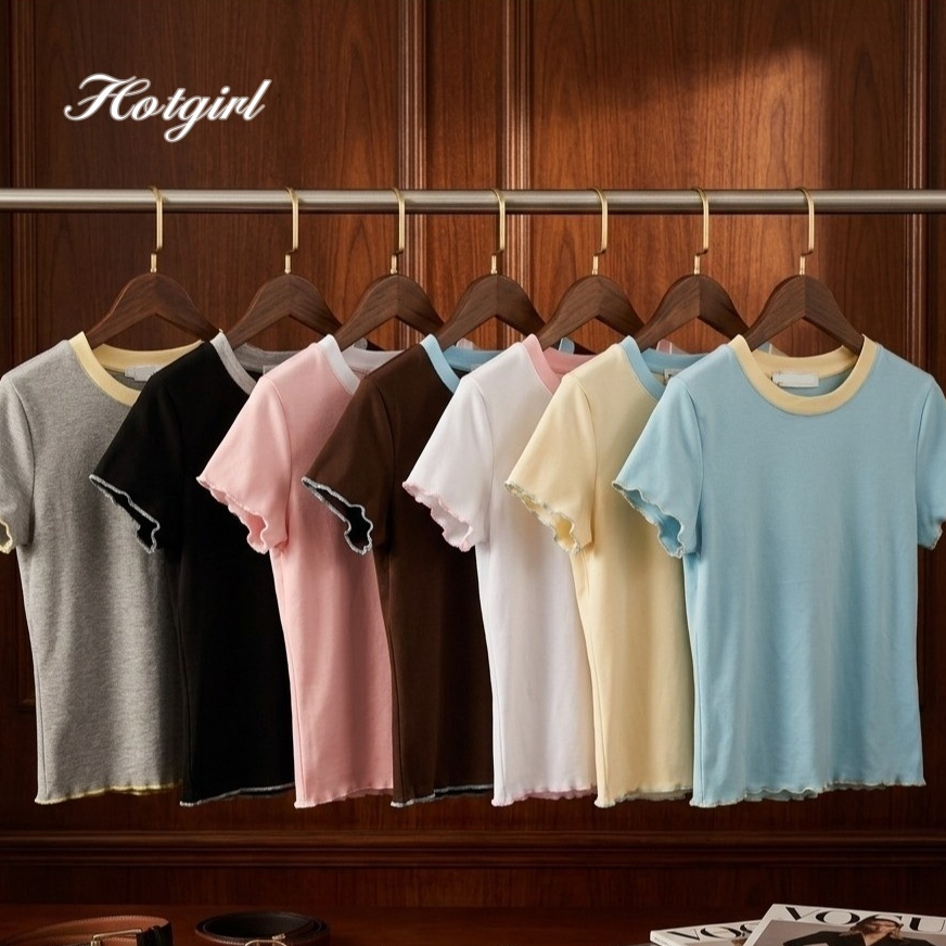 Hotgirl พร้อมส่ง เสื้อยืดคอกลมแขนสั้นสีตัดกันสำหรับผู้หญิงS-2XL ขอบคลื่น ทรงสลิมสั้น สไตล์เกาหลีหวาน