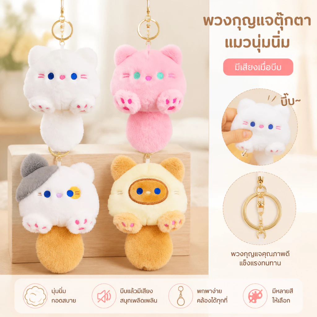 [จัดส่งในท้องถิ่น] MAI จี้กระเป๋าเป้สะพายหลัง/ พวงกุญแจจี้ ตุ๊กตาแมวหางยาวน่ารัก ตุ๊กตาขนนุ่ม