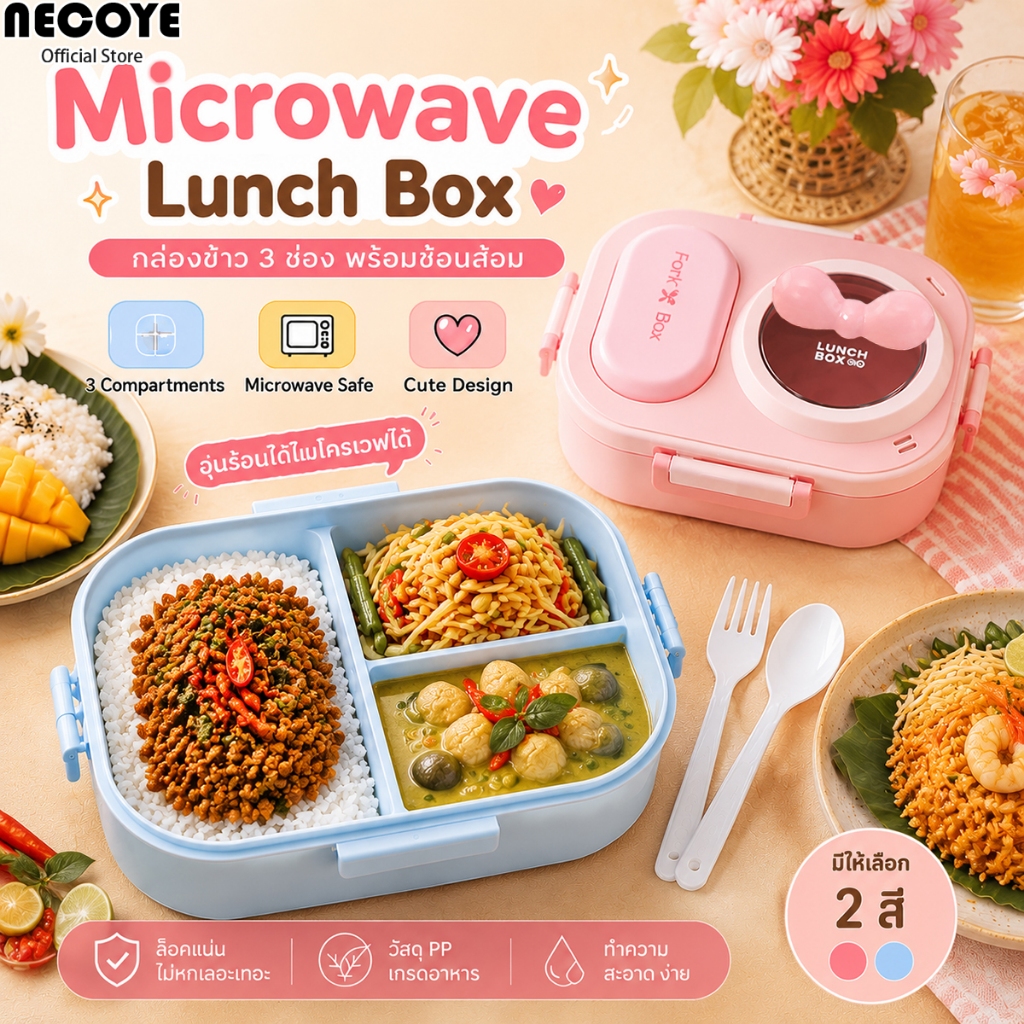 NECOYE กล่องอาหารกลางวัน 3ช่อง พร้อมช้อนในตัว กล่องข้าวพกพา เข้าไมโครเวฟได้ กันรั่ว แบบพกพา สําหรับนักเรียน สํานักงาน