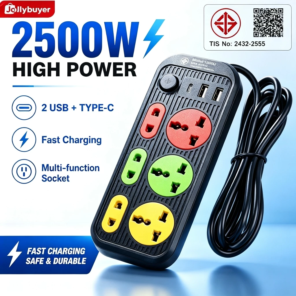 【รับประกัน 5】 ปี ปลั๊กไฟ ปลั๊กพ่วงมาตรฐานมอก.มี 6ช่อง 2USB 1Type-c สายยาว 2เมตร 3เมตร 5เมตร