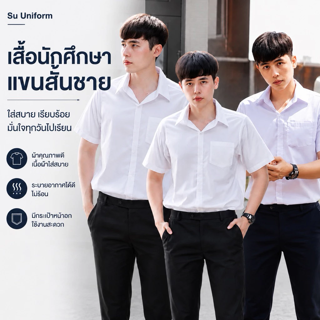 เสื้อนักศึกษาชายแขนสั้น เสื้อนักศึกษาผู้ชาย มีสีขาวนวล-ขาวสว่าง ผ้าดิบ/ผ้านิ่ม/ผ้าไมโคร