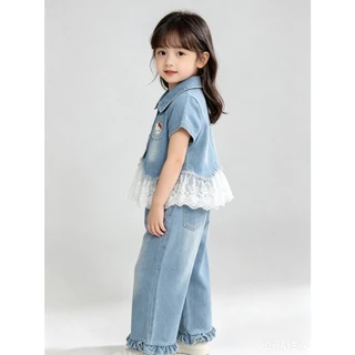 BB357 ชุดเดนิมสีฟ้าเด็กผู้หญิง เสื้อสั้นแขนลูกไม้+กางเกงขากว้าง ชุดของขวัญวันแม่ สำหรับเด็กเล็ก-โต ผ้านุ่มใส่สบายฺฺ