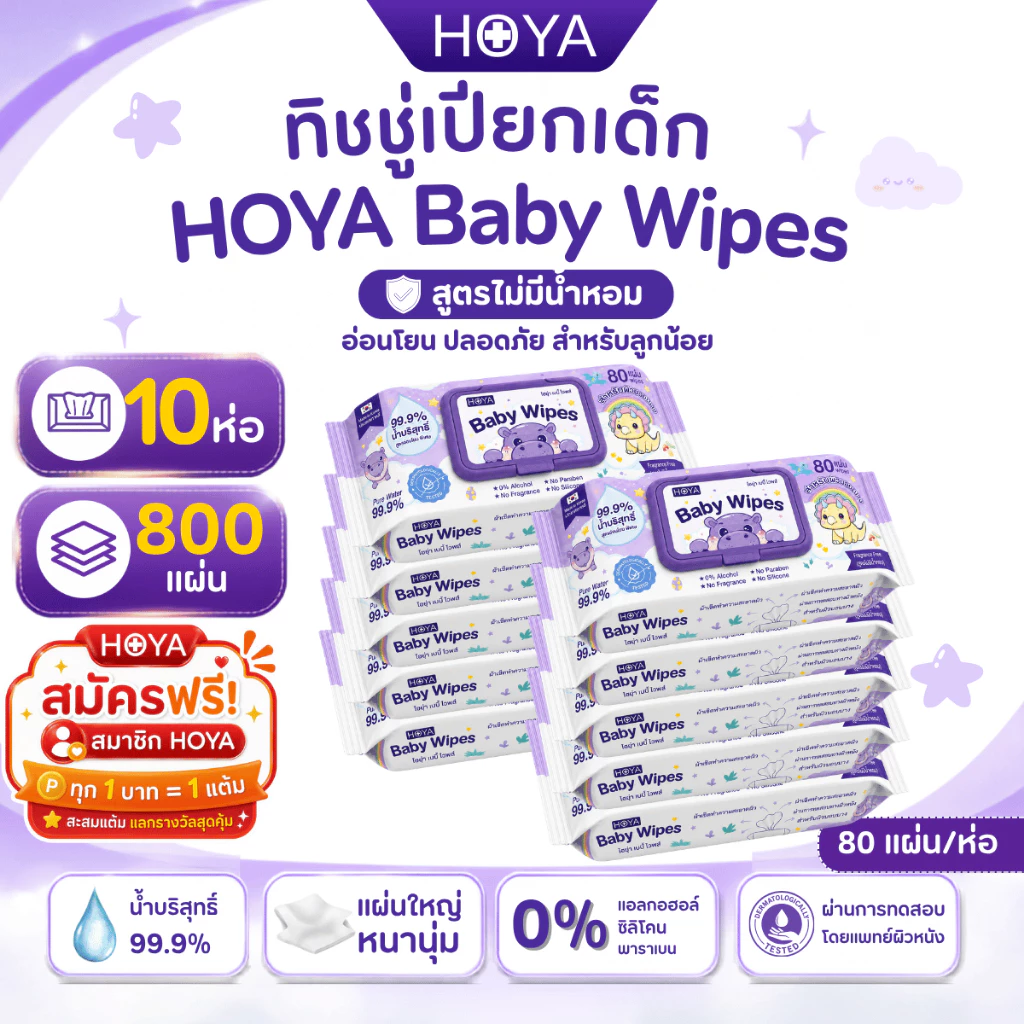 (10ห่อ)HOYA ทิชชู่เปียก baby Wipes 80แผ่น/ห่อ x10ห่อ สูตรอ่อนโยน สำหรับผิวบอบบาง ผ้านุ่มชุ่มชื้นไม่บาดผิว