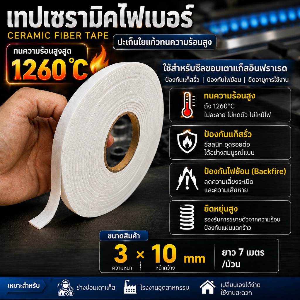 เทปเซรามิคไฟเบอร์ (Ceramic Fiber Tape) ปะเก็นใยแก้วทนความร้อนสูง 1260°C สำหรับซีลขอบเตาแก๊สอินฟราเรด ขนาด3*10มม.ยาว7เมตร