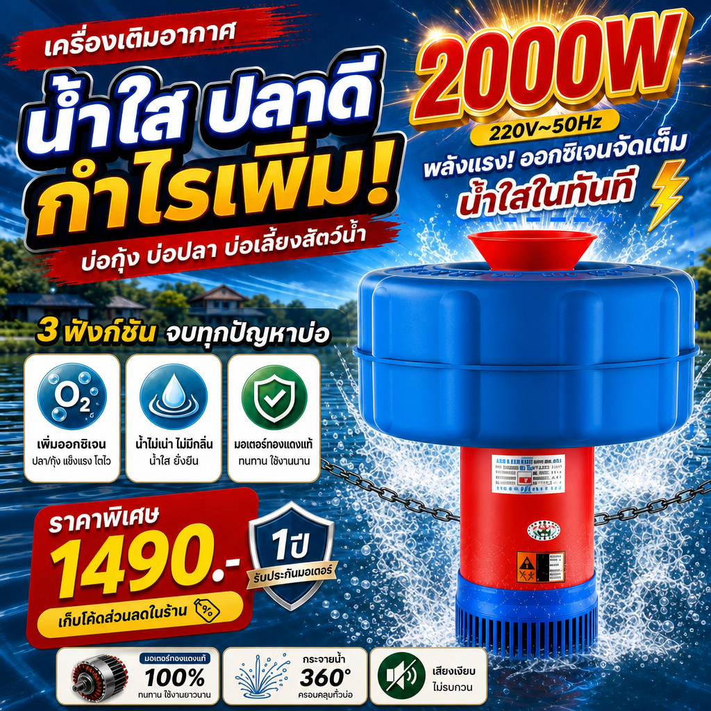 【เงียบ 100% ไม่รบกวนปลา】ปั๊มน้ำพุลอยน้ำ2000W 220Vปั้มน้ำออกซิเจนบ่อปลา ทุ่นลอยครบชุด ทำน้ำพุเติมออกซิเจน ใช้งานง่ายทนทาน
