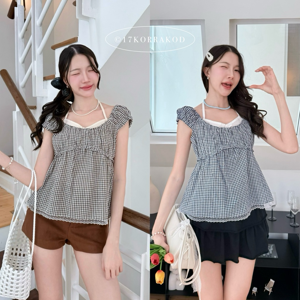 เสื้อแขนดอลลี่แต่งสายคล้องคอ เลเยอร์สองชั้นเย็บติดกัน น่ารัก เกาหลี ลูกคุณหนู (Hearty)