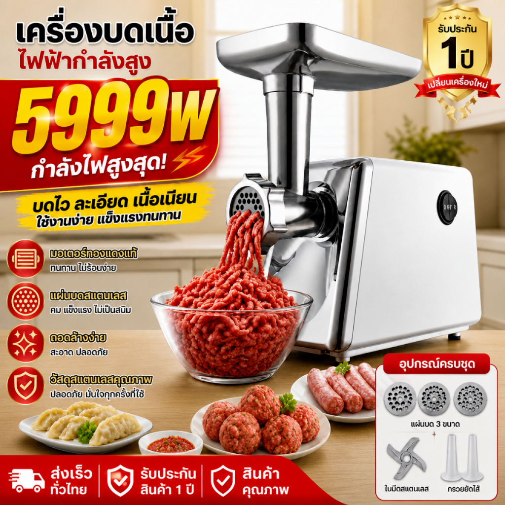 🥇ปั่นเร็วขึ้น 10 เท่า🥇เครื่องบดเนื้อสัตว์  5999W เหล็กกล้าไร้สนิม 304 ปั่ เครื่องปั่น เครื่องปั่นหมู  เครื่องบดอาหาร