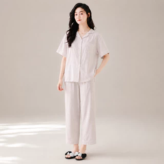 ชุดนอน pajamas ชุดนอนผ้านิ่ม ชุดนอนคู่รัก แขนสั้น คอตตอน100% ผ้านิ่มใส่สบาย ขนาดM/L สไตล์ญี่ปุ่น ลิขสิทธิ์แท้