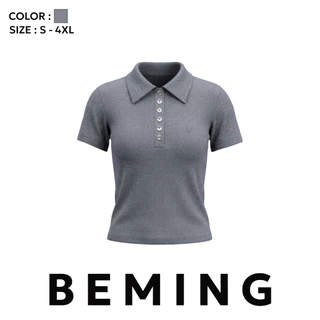 Bemingtop1223(S-4XL)-Lolety Top - เสื้อโปโลแขนสั้นดีไซน์มินิมอลตกแต่งกระดุมหน้าและปักโลโก้ BMG