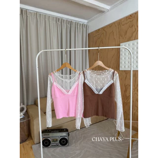 LindaaPlus--𝑯𝒂𝒏𝒂 𓍢ִ໋🌷͙֒ เสื้อแขนยาวผ้าลูกไม้ซีทรู +สายเดี่ยวแต่งลูกไม้งาน 2 ชิ้นแยกได้ งานใหม่สุดฮิต ใส่ได้สบายๆ ไม่ร้อน