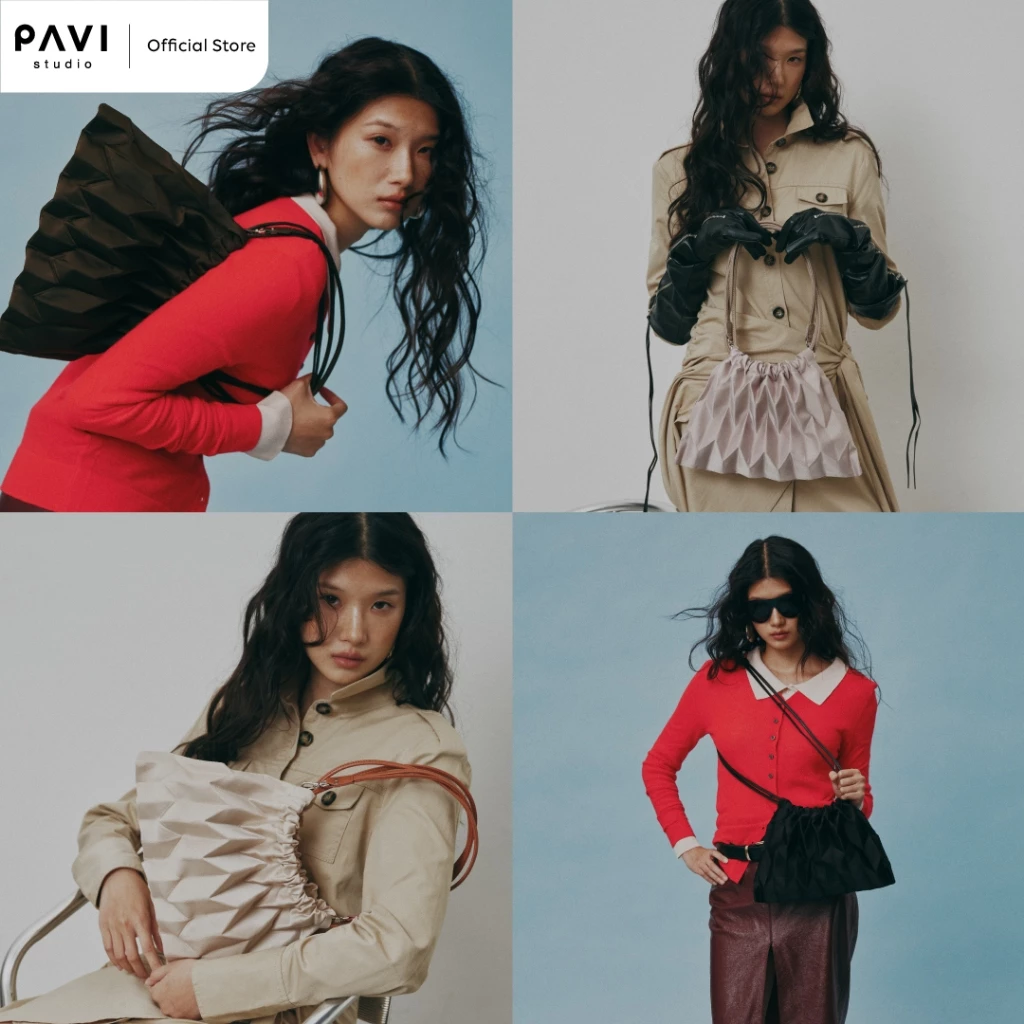 Pavi Studio - W Pull กระเป๋าผ้าอัดพลีทลาย W สายหนังแท้ มี 4 สี