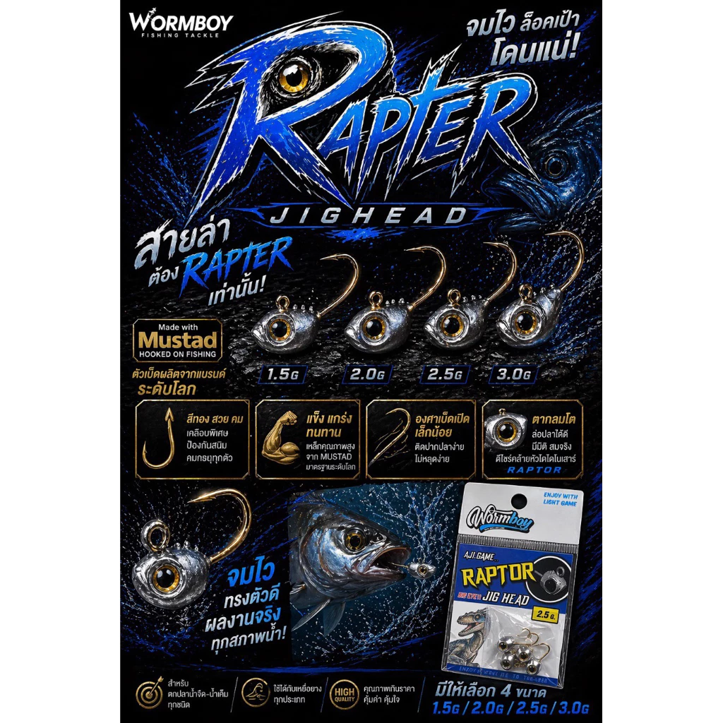 หัวจิ๊ก อาจิ Wormboy RAPTOR JIG HEAD มีขนาด 0.6,1.5,2.0,2.5,3กรัม