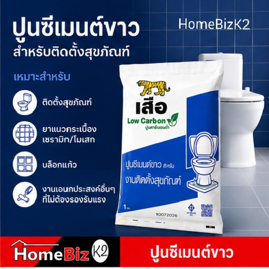 ปูนซีเมนต์ขาว ตราเสือ สำหรับติดตั้งสุขภัขฑ์,ยาแนวกระเบื้อง,บล็อกแก้ว,ขนาน1กิโลกรัม