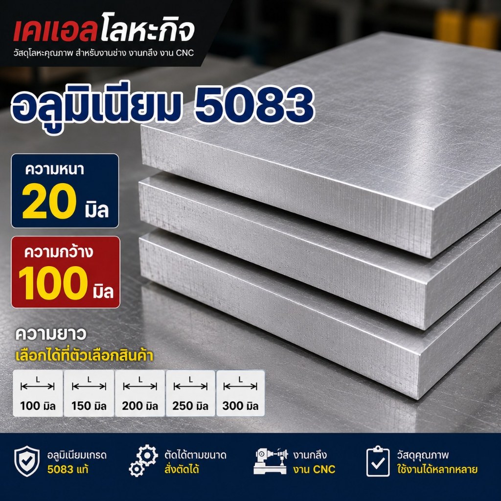 แผ่นอลูมิเนียม 5083 หนา 20 มม. กว้าง 100 มม. AL5083 เลือกความยาวได้