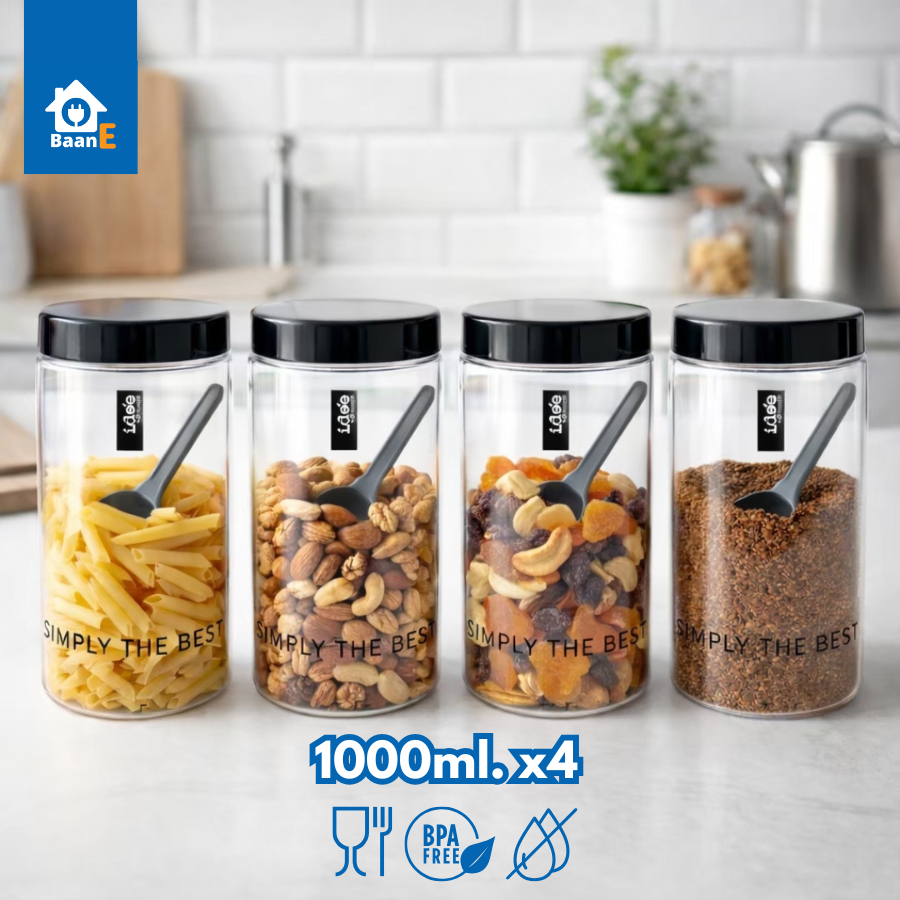 BaanE ขวดโหล พลาสติก ความจุ 1000 มล. แพ็คละ 4 ชิ้น/2 ชิ้น BPA free แถมช้อนตัก Round Canister
