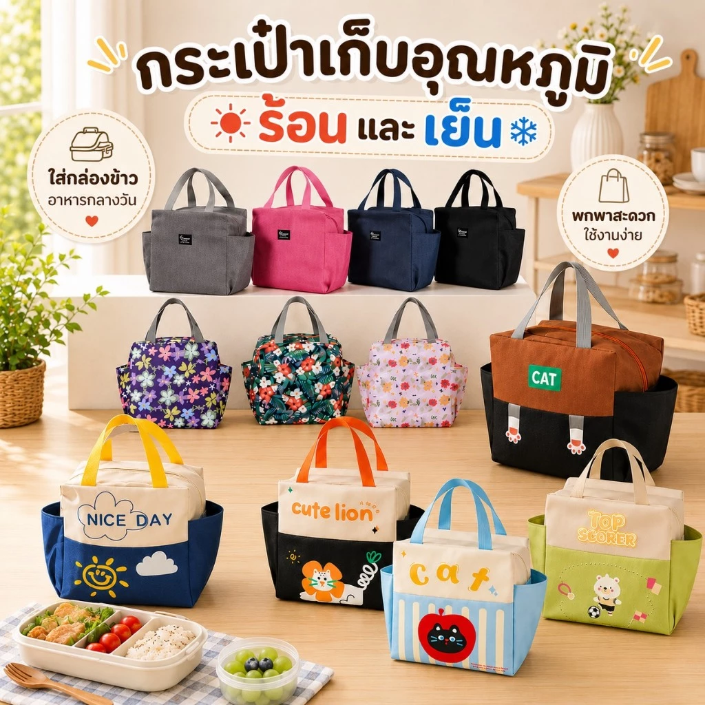 กระเป๋าอาหารกลางวัน กระเป๋าใส่กล่องข้าว กระเป๋าเก็บอุณหภูมิ เก็บความร้อน/เย็น ถุงฉนวนหนาอลูมิเนียมฟอยล์ กันน่ำ(B-001)