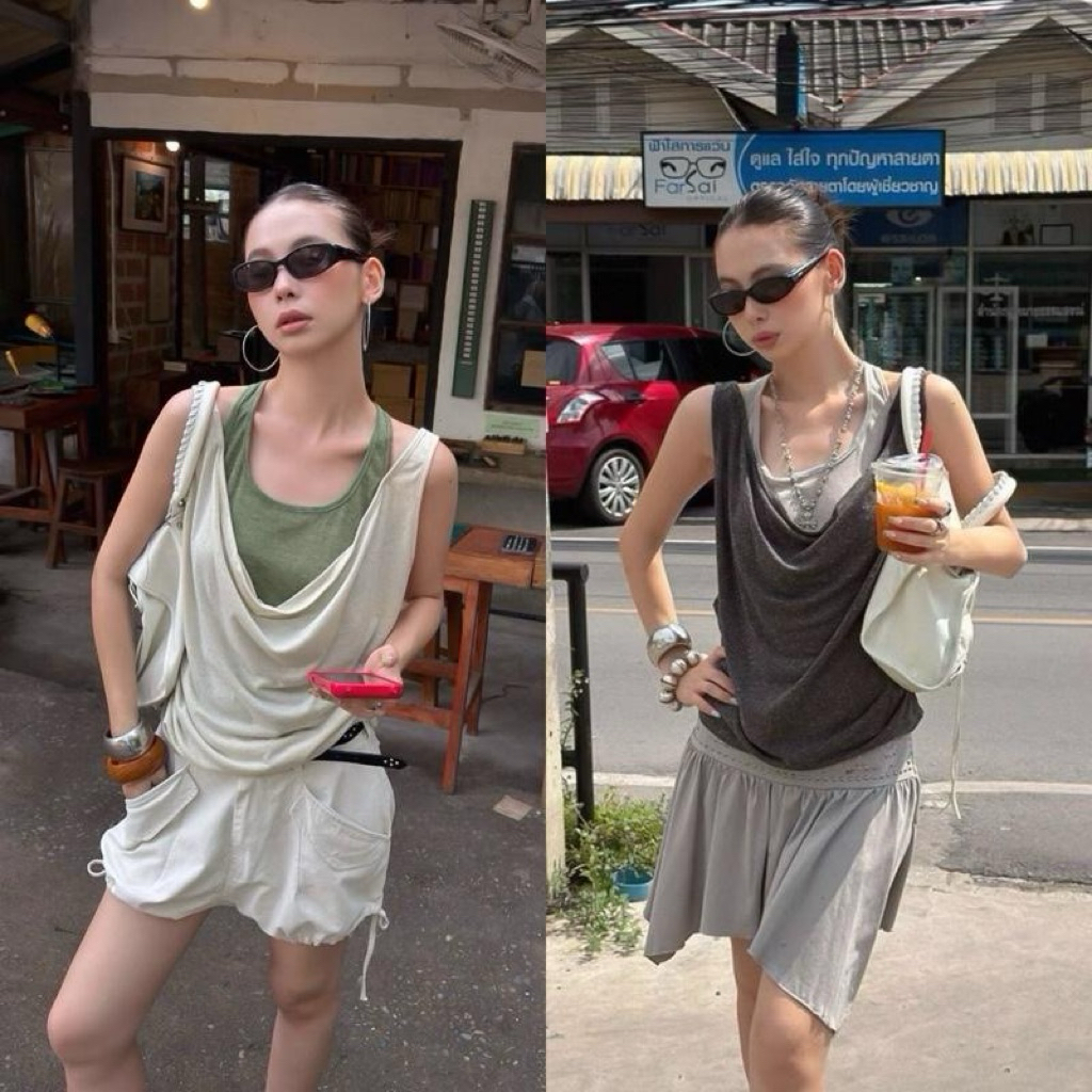 Glamorg1077-เสื้อกล้าม 2 เลเยอร์(เย็บติดกัน) ดีเทลสายแต่งลูกปัดห้อยกลางหลัง