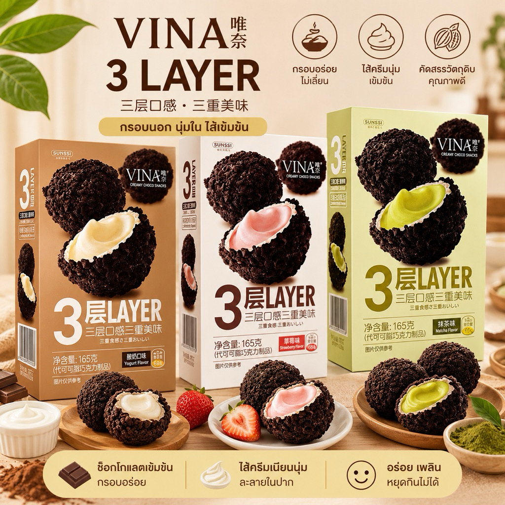 VINA Franzzi 3 layer cookie ball คุ๊กกี้กรอบ สอดใส้ ของฝากจากจีน ขนมอร่อย มี 3 รส พร้อมส่งในไทย คุ๊กกี้-เวเฟอร์-ใส้เยิ้ม