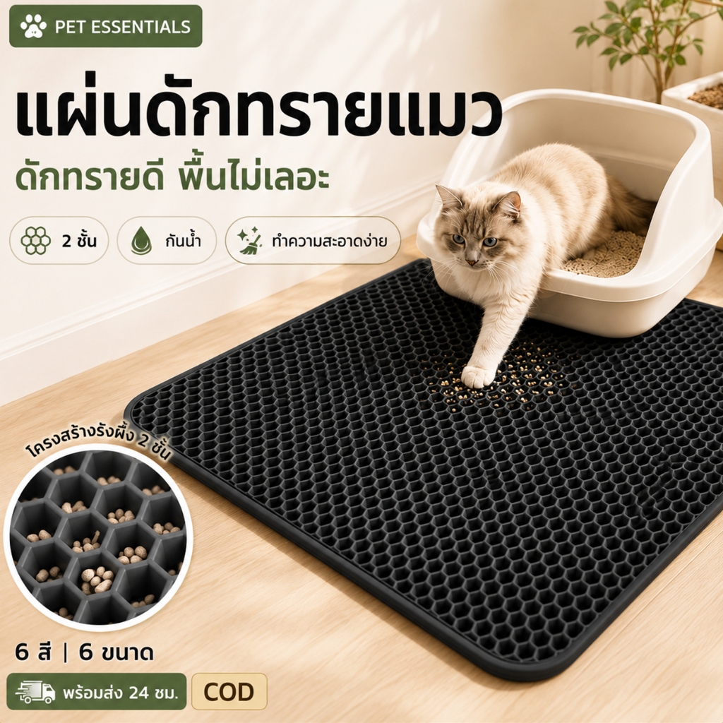 แผ่นดักทรายแมว 2 ชั้น ลายรังผึ้ง กันน้ำ ทำความสะอาดง่าย มี 6 สี 6 ขนาด สำหรับวางหน้ากระบะทราย