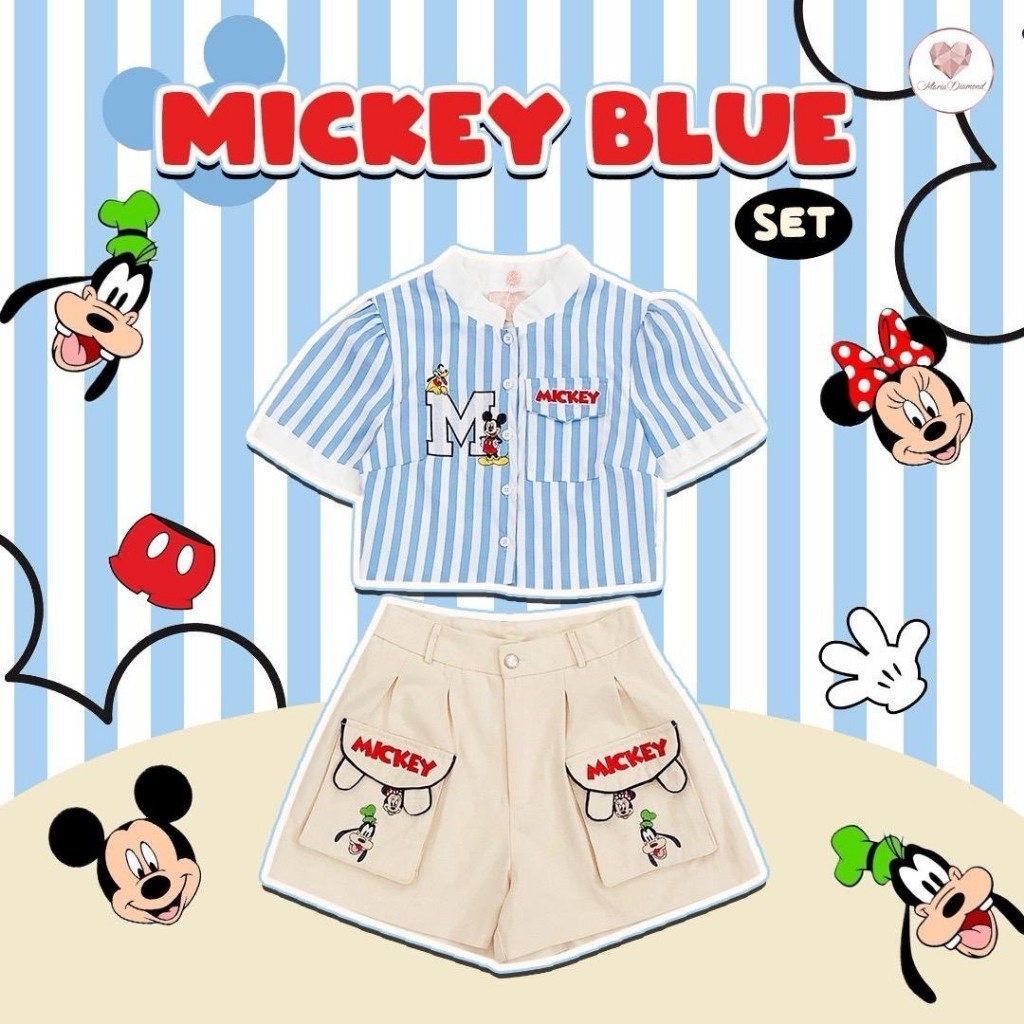 (มี3XL) Mickey Blue Set เซ็ต 2 ชิ้น เสื้อเชิ้ตกระดุมหน้าแขนสั้น + กางเกงขาสั้นยีนส์งานปักมีกระเป๋า