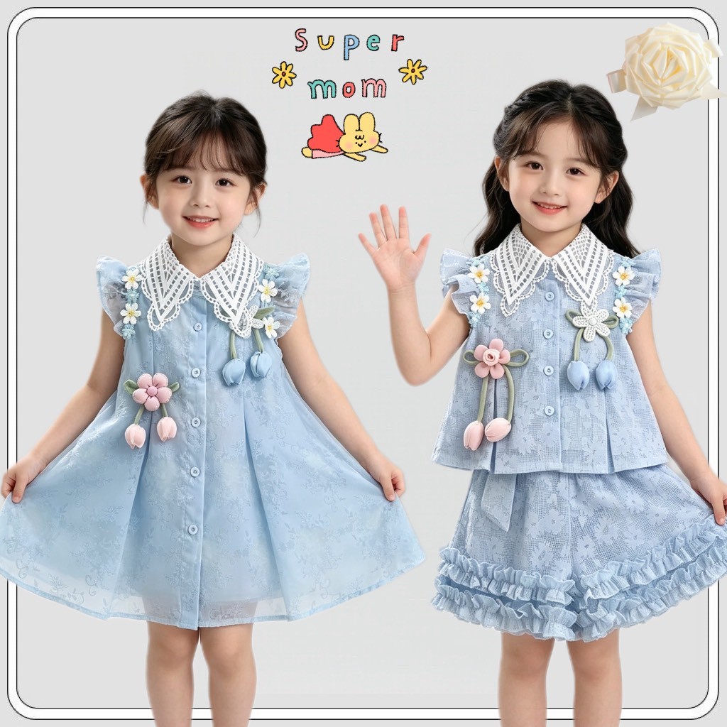 MC358 เซตเสื้อกางเกง+เดรสเด็กผู้หญิงสีฟ้า ดีเทลดอกไม้ประดับน่ารัก ผ้าเบาไม่ร้อน ของขวัญวันแม่คุณแม่ลูกสาว