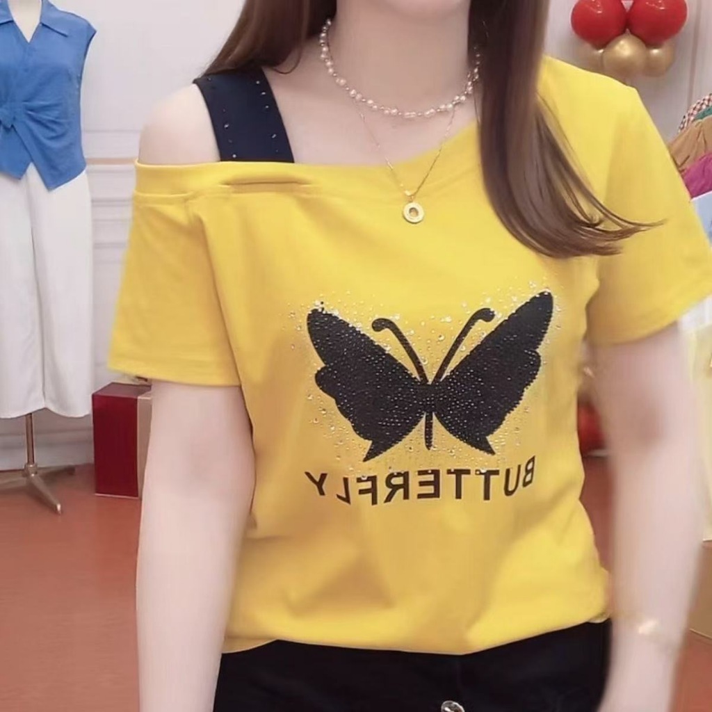เสื้อยืดแขนสั้นเปิดไหล่ดีไซน์เก๋สำหรับผู้หญิง รูปที่ 4