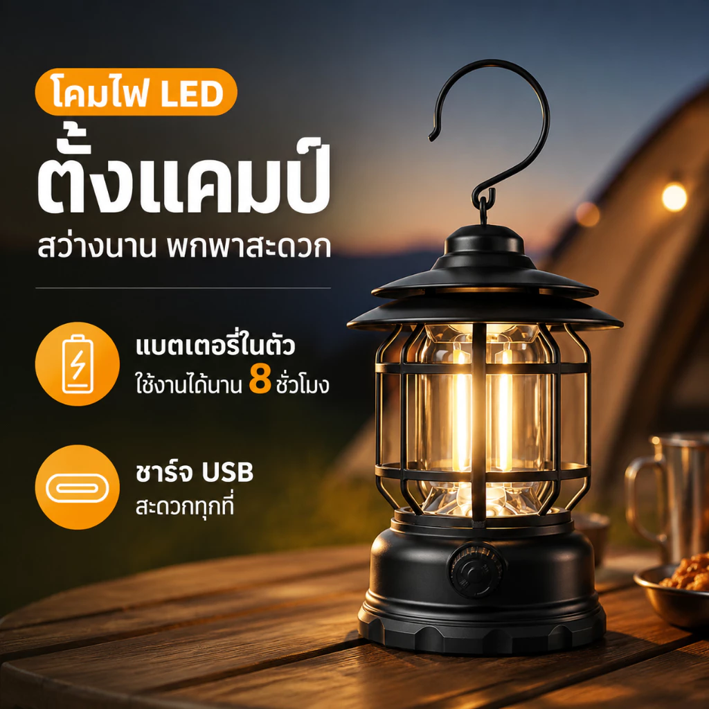 【Super Tribe】ไฟแคมป์ปิ้งวินเทจ กันน้ำกลางแจ้ง USB Type-C ชาร์จ ไฟส่องสว่างอายุการใช้งานยาวนาน แบบแขวนไฟบรรยากาศเต็นท์
