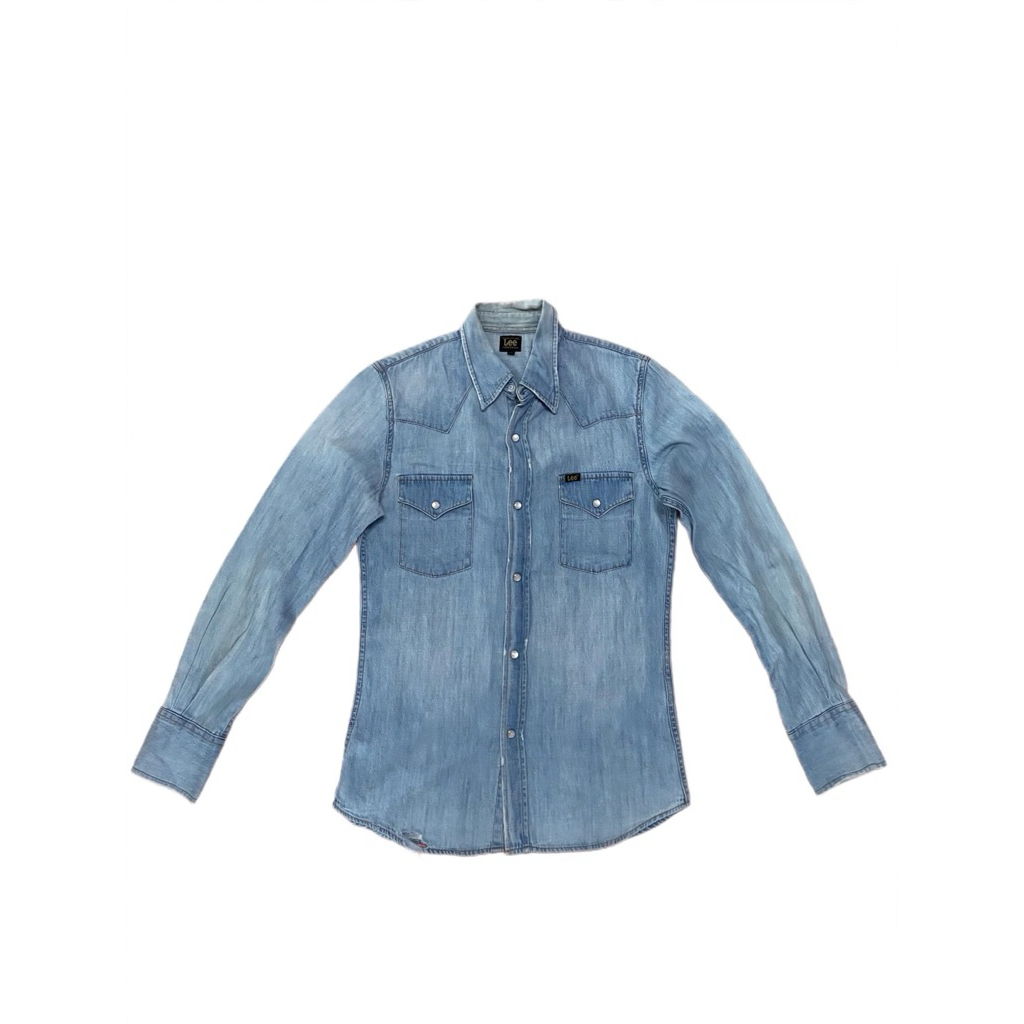VINTAGE LEE Union Made Sanforized Denim Western Shirt Size M ฟอกอ่อน 80s เชิ้ตยีนส์วินเทจ กระดุมมุก 