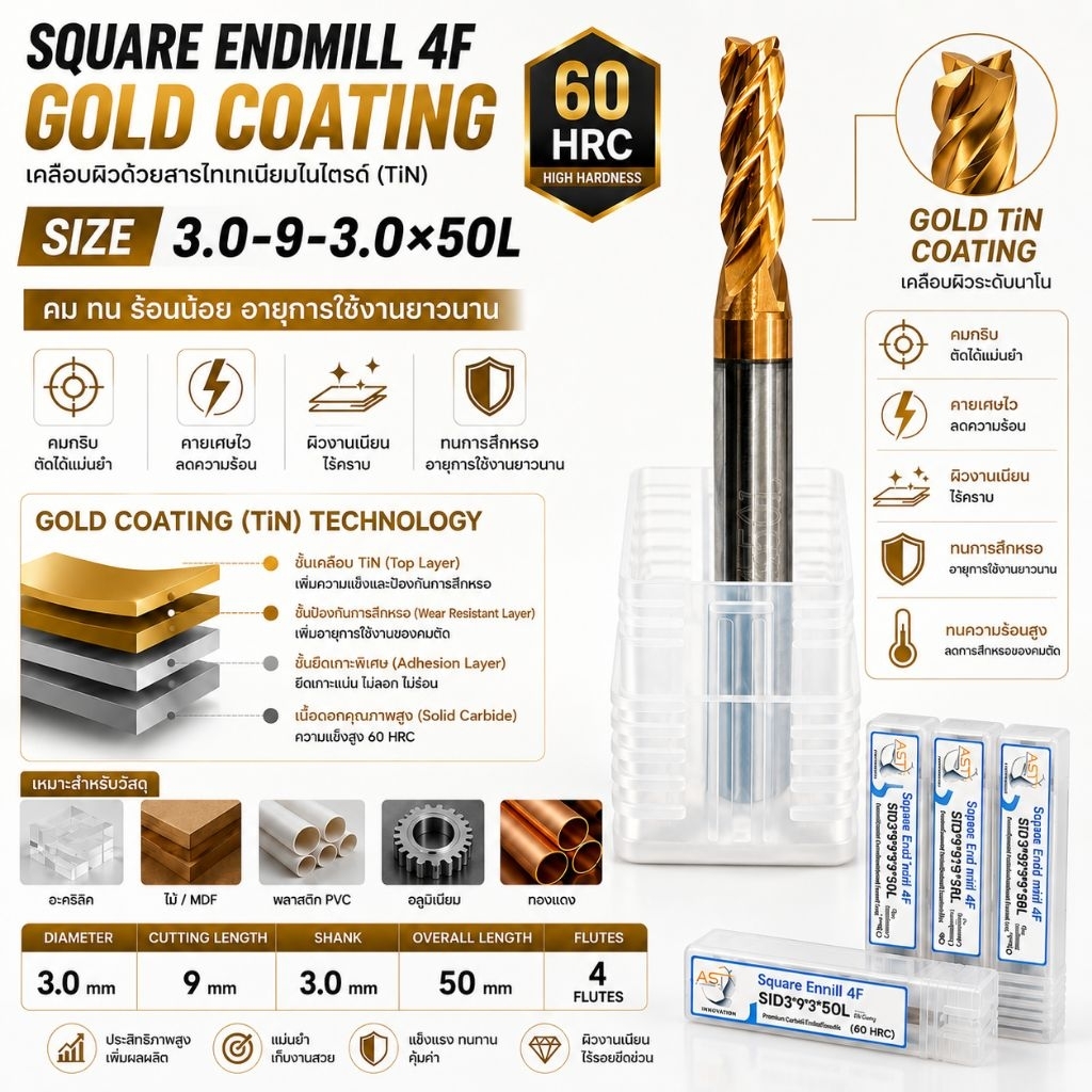 ดอกเอ็นมิล 4 ฟัน Square Endmill 4F TiN Coating 60 HRC Solid Carbide CNC Milling Cutter