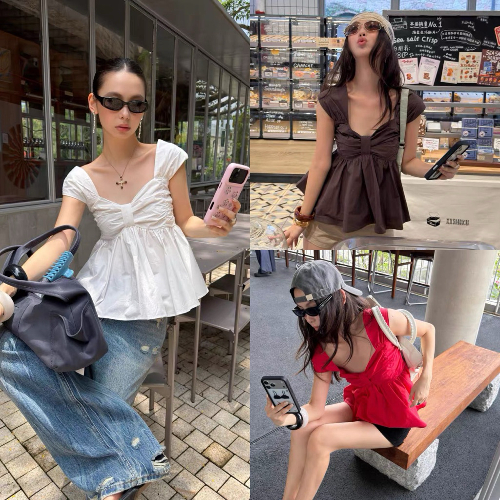 ส่งด่วน 🛵 26C386 𝗘𝗠𝗠𝗔 𝗧𝗢𝗣 เสื้อแขนกุดดีไซน์แต่งจีบช่วงอก สม็อคหลัง MMFISH