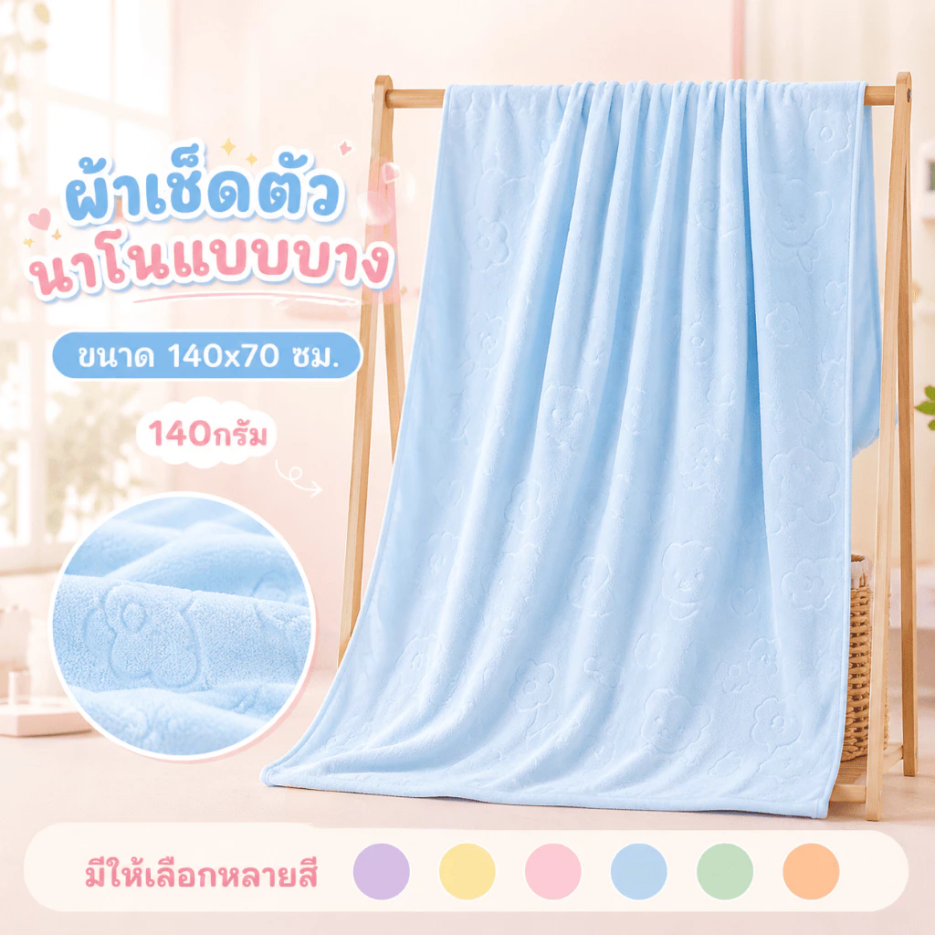 YJQ-02【140กรัม】ผ้าเช็ดตัว นาโน สีพื้น ปั้มลาย ผ้าขนหนู ลายน่ารัก สีหวาน ขนาด 140x70 ซม