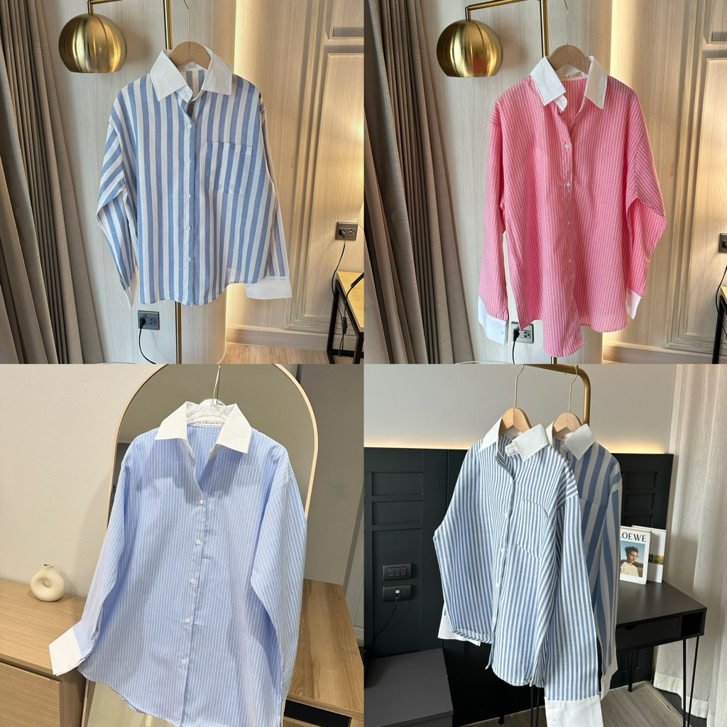 Seeingstudio | Terra shirt เสื้อเชิ้ตลายทางผู้หญิง Freesize ดีเทลคอปก+ปลายแขนสีขาว