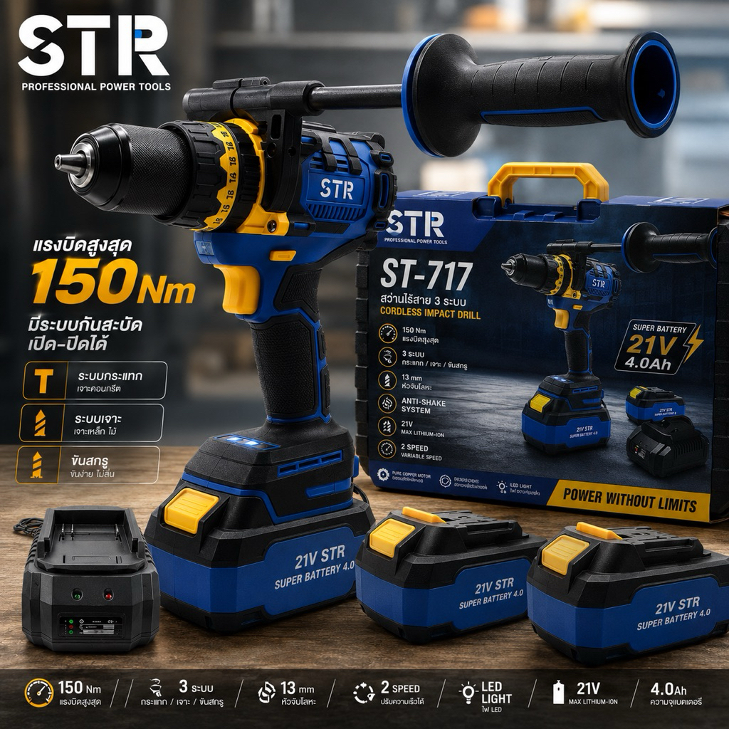 STR รุ่น ST-717 สว่านไร้สาย 3 ระบบ 21V มอเตอร์บัสเลทแท้ แรงบิด 150 Nm. มีระบบกันสะบัดเปิด-ปิดได้ super battery 2 ก้อน