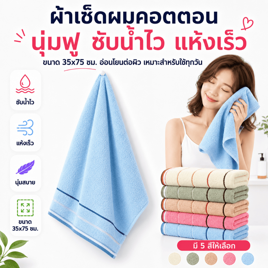 MJM-04【ขนาด 35x75 ซม】ผ้าขนหนู สำหรับเช็ดผม ไม่ใช่ผ้าผืนใหญ่ คอตตอน100% cotton