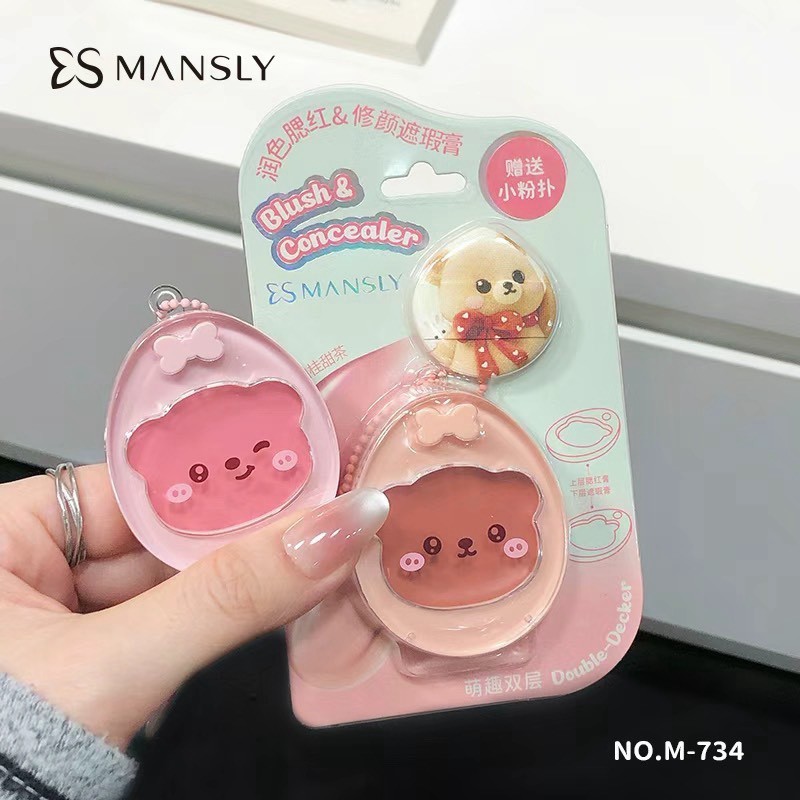 M-734 MANSLY พาเลตบลัชออนและคอนซีลเลอร์ 2 สีใน 1 ตลับ มาพร้อมพัฟ สำหรับแต่งหน้า