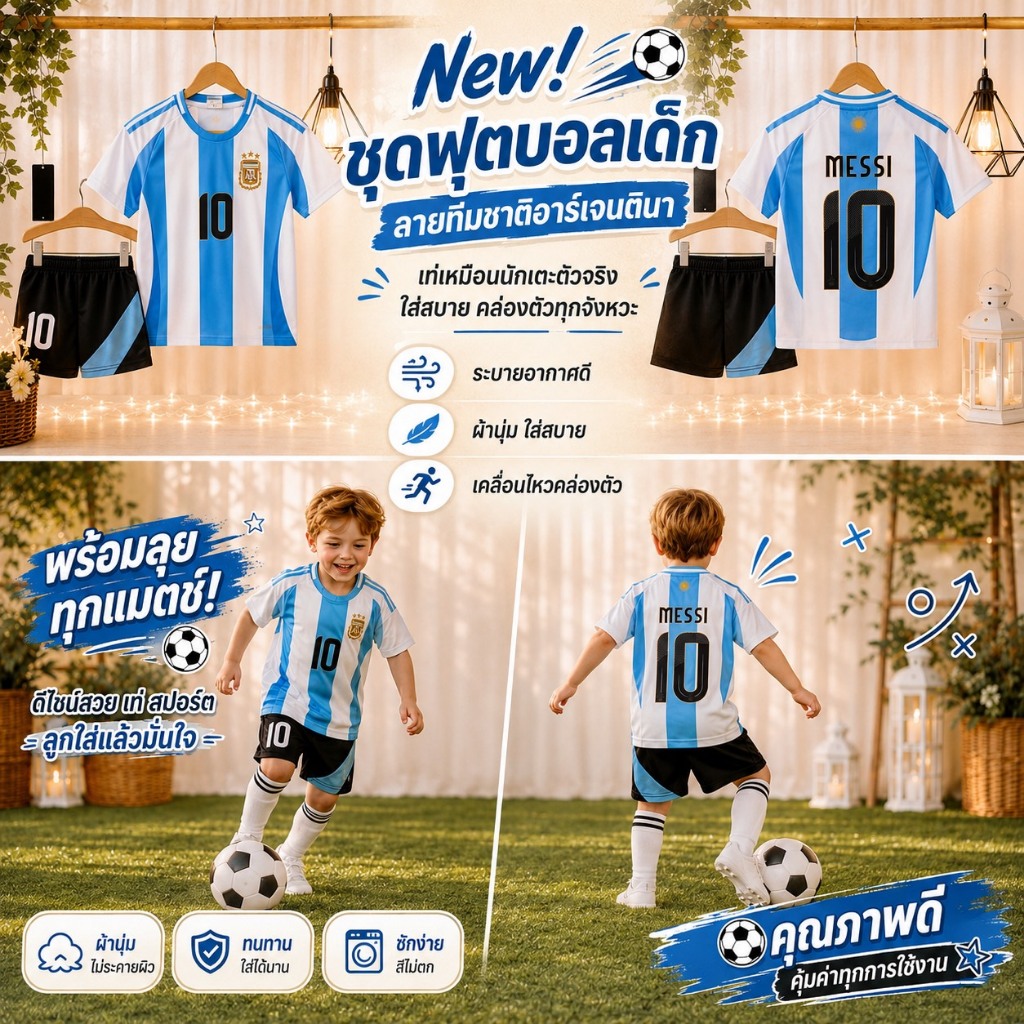 ชุดเซ็ตเสื้อพร้อมกางเกงฟุตบอลเด็ก สีฟ้า ขาวทีมชาติอาร์เจนตินา เลขสีดำชื่อเมสซี  ชุดเหย้าเบอร์10