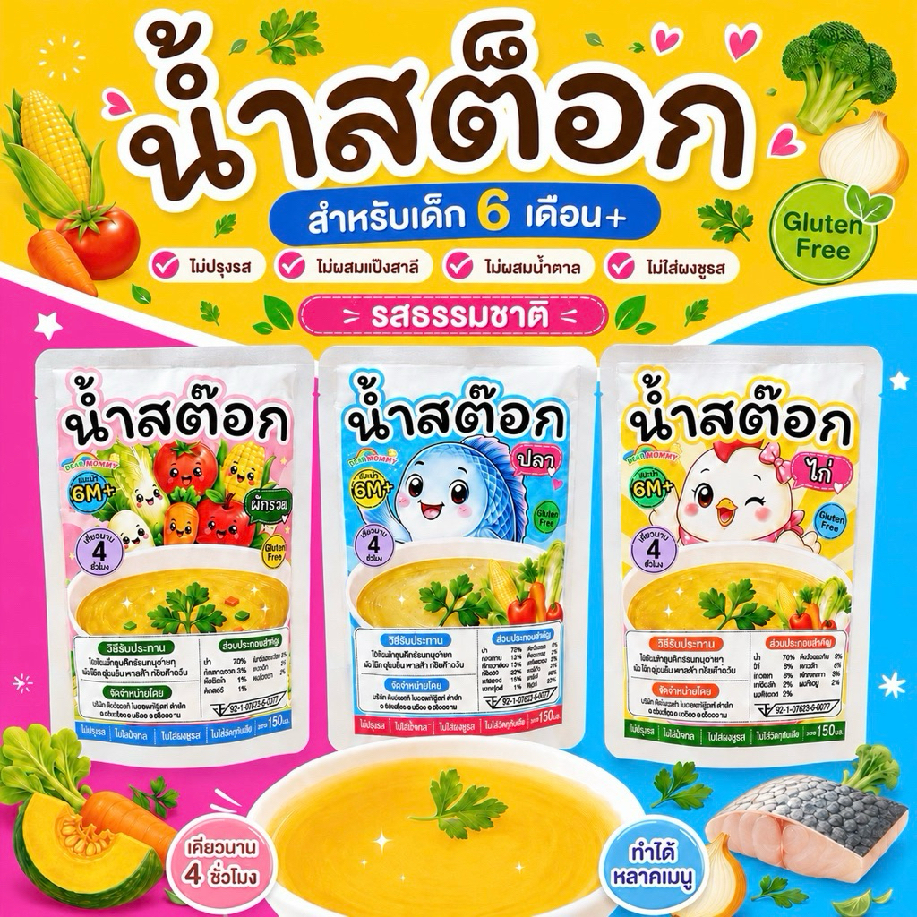 น้ำซุปสต็อคสีทอง สูตรไม่ปรุงรส มีให้เลือก 3 แบบ สำหรับเด็ก 6 เดือนขึ้นไป ใช้ทำข้าวตุ๋น ทำเมนูต่างๆ รสธรรมชาติ