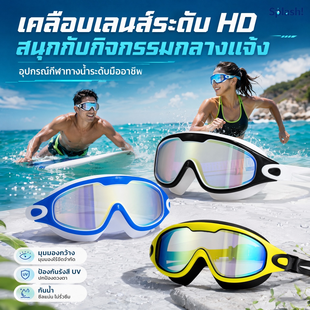 แว่นตาว่ายน้ำผู้ใหญ่ กรอบใหญ่ HD กันน้ำ กันฝ้า กันUV ใส มองเห็นชัด ปรับระดับได้ แถมที่อุดหู