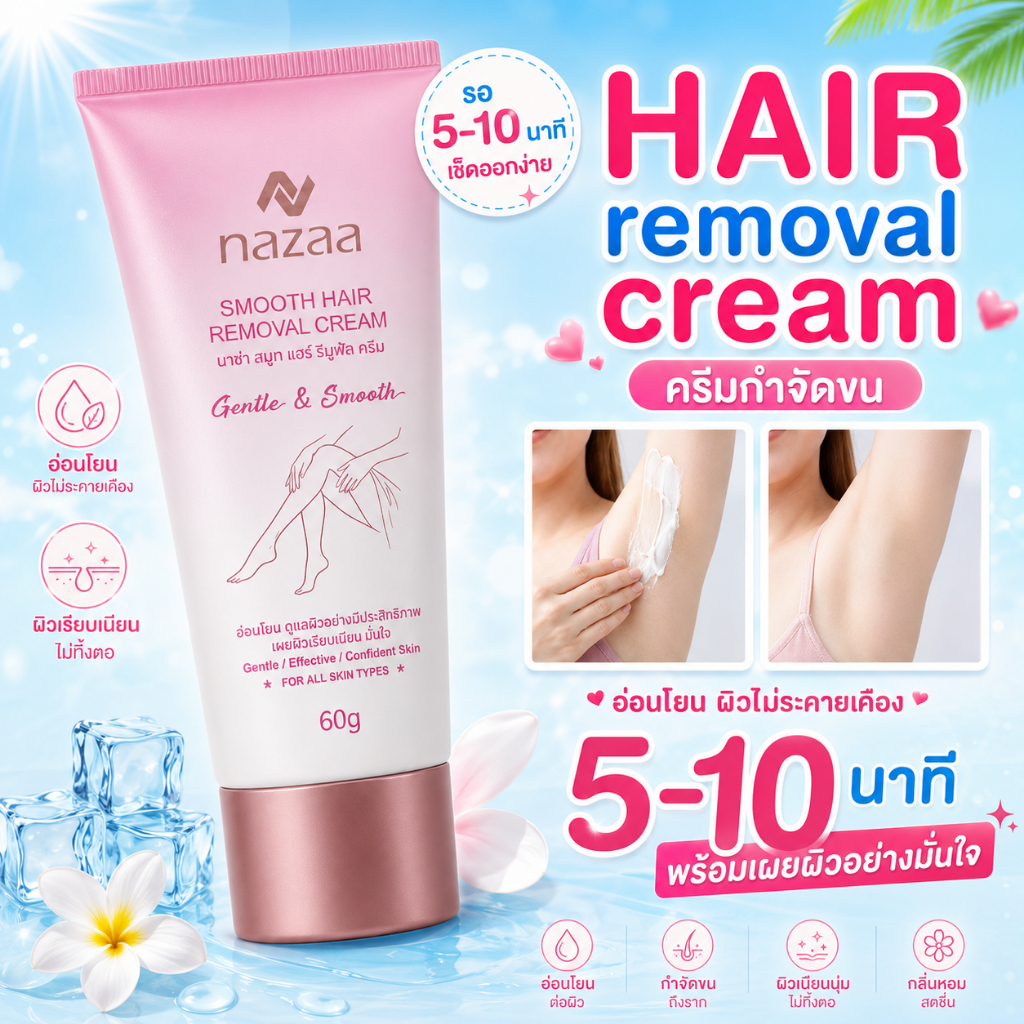 NAZAA ครีมกำจัดขน 60g ครีมกำจัดขนรักแร้ แขน ขา สูตรอ่อนโยน ผิวเรียบเนียน ใช้เวลา 5–10 นาที Hair Removal Cream