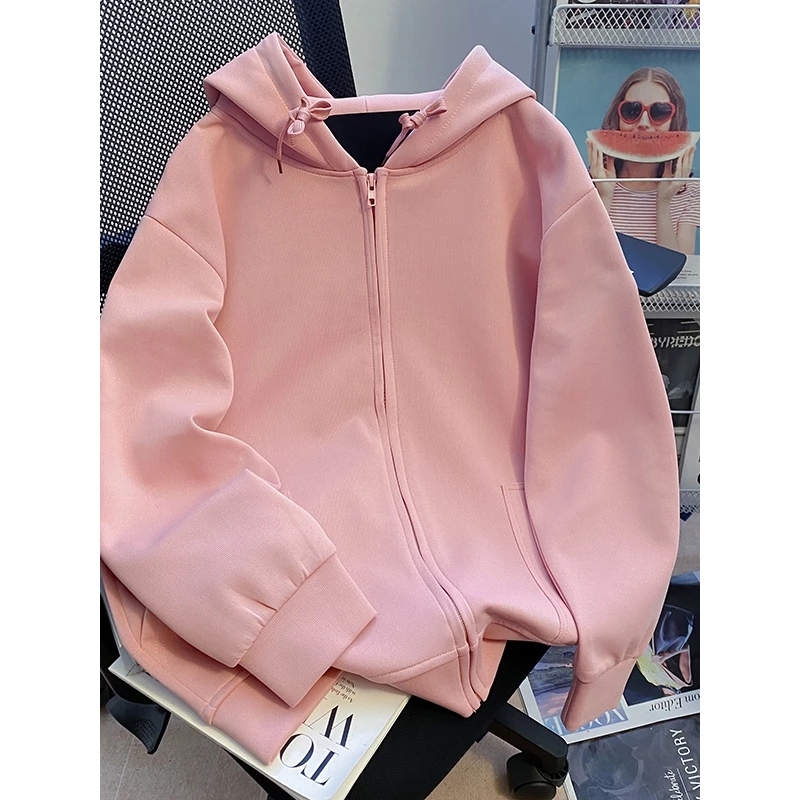 เสื้อกันหนาวแขนยาวมีซิปมีกระเป๋าและหมวก แจ็คเก็ตผู้หญิง งานห้าง เนื้อผ้าวอมคอตตอน