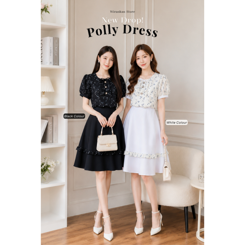ชุดเดรส WIRANKAN รหัส WG35 Polly-พอลลี่ สีดำ สีขาว กระโปรงทรงฟรีไซส์ มีกระเป๋า