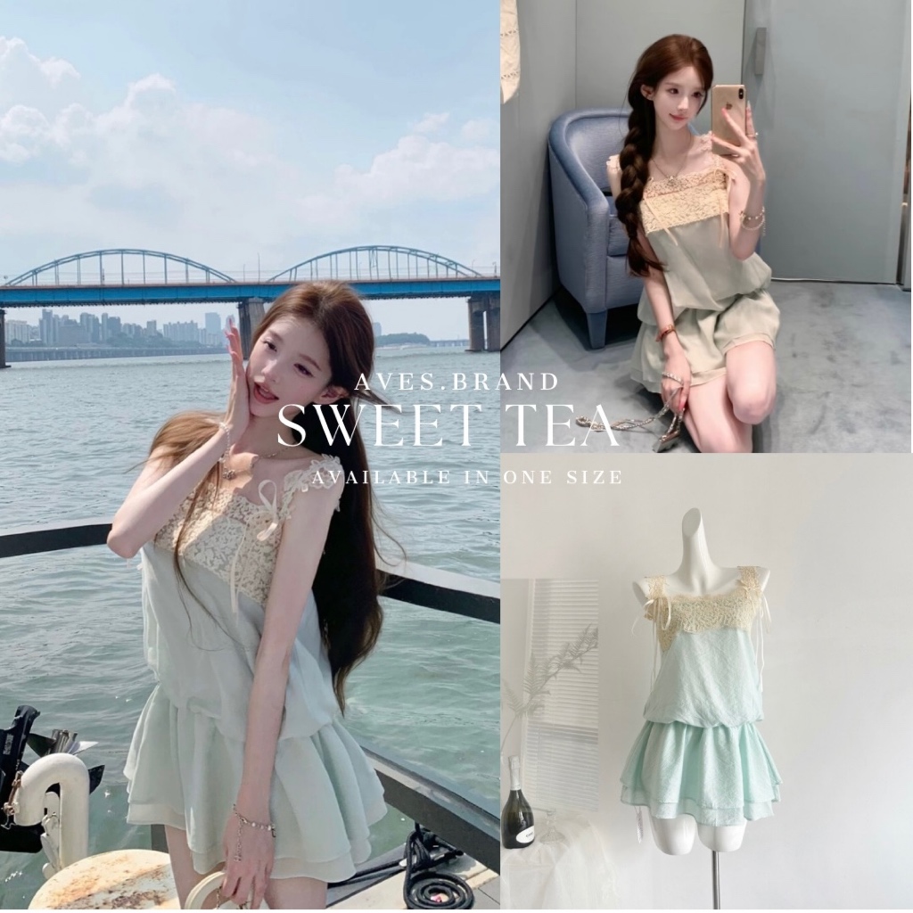 AVES.BRAND (🌟 𝗣𝗥𝗘 จัดส่ง  𝟭𝟮 𝗔𝗨𝗚) SWEET TEA DRESS มินิเดรสสายเดี่ยวชีฟองสีฟ้าอมเขียว