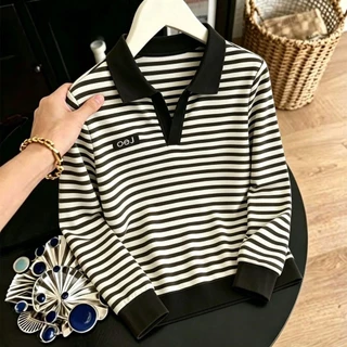เสื้อโปโลแขนยาวไซส์ใหญ่รุ่นใหม่สำหรับสุภาพสตรีวัยผู้ใหญ่ (ฤดูใบไม้ร่วงปี 2026): ดีไซน์ลายทางสุดเก๋ ช่วยพรางหุ่นให้ดูเพรี