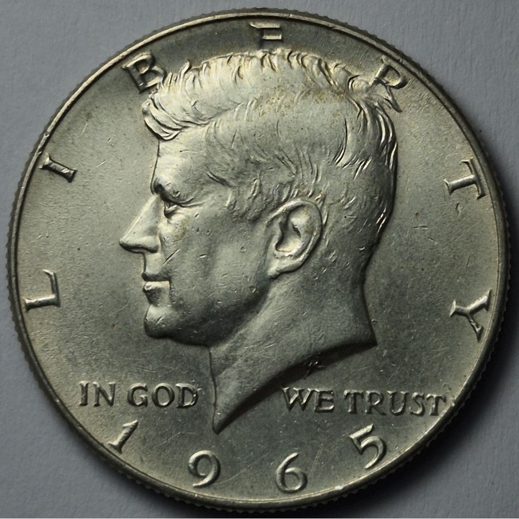 เหรียญ USA Kennedy Half Dollar ปี 1965 เนื้อเงิน 40% (Silver) เหรียญสวย ผ่านใช้น้อย นักสะสมเหรียญต่า