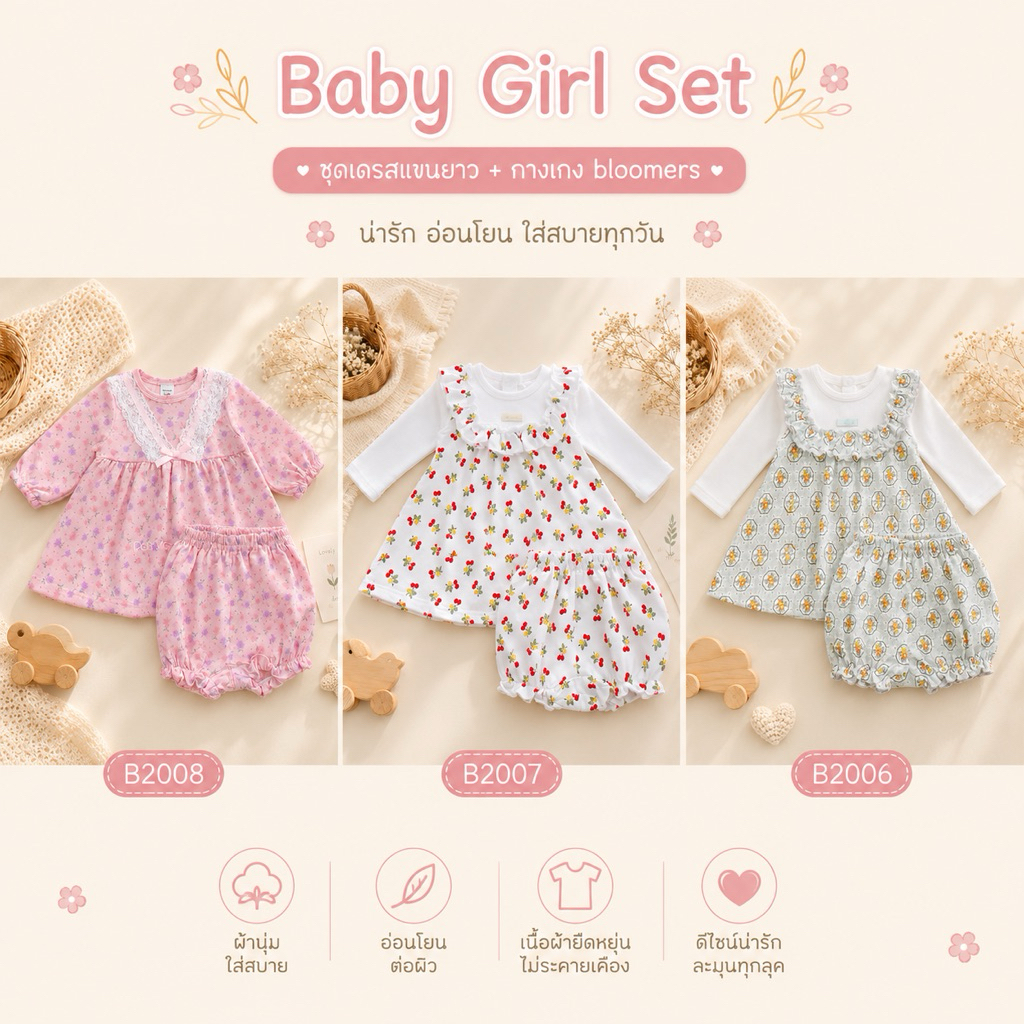 ชุดเด็ก เซ็ต 2 ชิ้น (เสื้อแขนยาว+กางเกง)70,80cm
