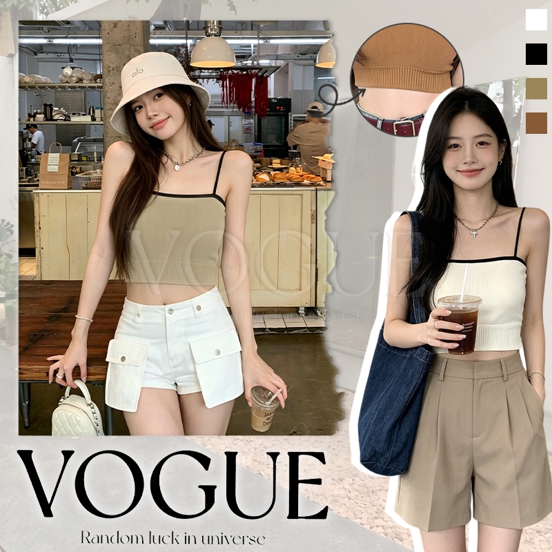 Vogue🌟พร้อมส่ง🌟 เสื้อสายเดี่ยวถักสั้น ผ้านุ่มระบายอากาศ สไตล์มินิมอลเกาหลี เหมาะซ้อนใส่ฤดูร้อน มีฟองน้ำ (6520)