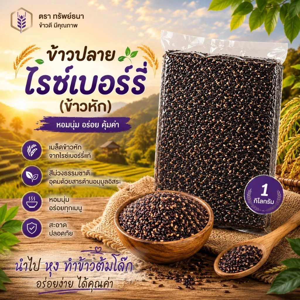 ข้าวปลายไรซ์เบอร์รี่ แพคสุญญากาศ 1 กิโลกรัม หุงง่าย