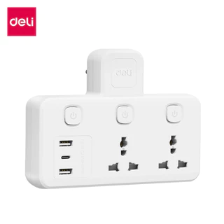 Deli ปลั๊กแปลงสากล อแดปเตอร์แสดงไฟสถานะ USB+Type C ชาร์จไว ทนความร้อน Universal Adapter