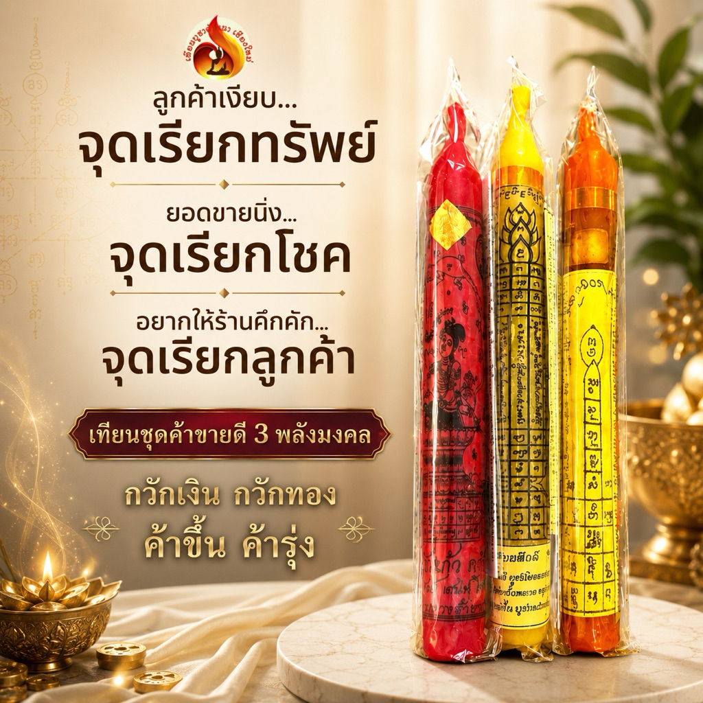 เทียน ชุด ค้าขายดี เรียกลูกค้า เรียกทรัพย์ ค้าขายคล่อง เสริมดวงค้าขาย เสริมบารมี การงานเจริญก้าวหน้า