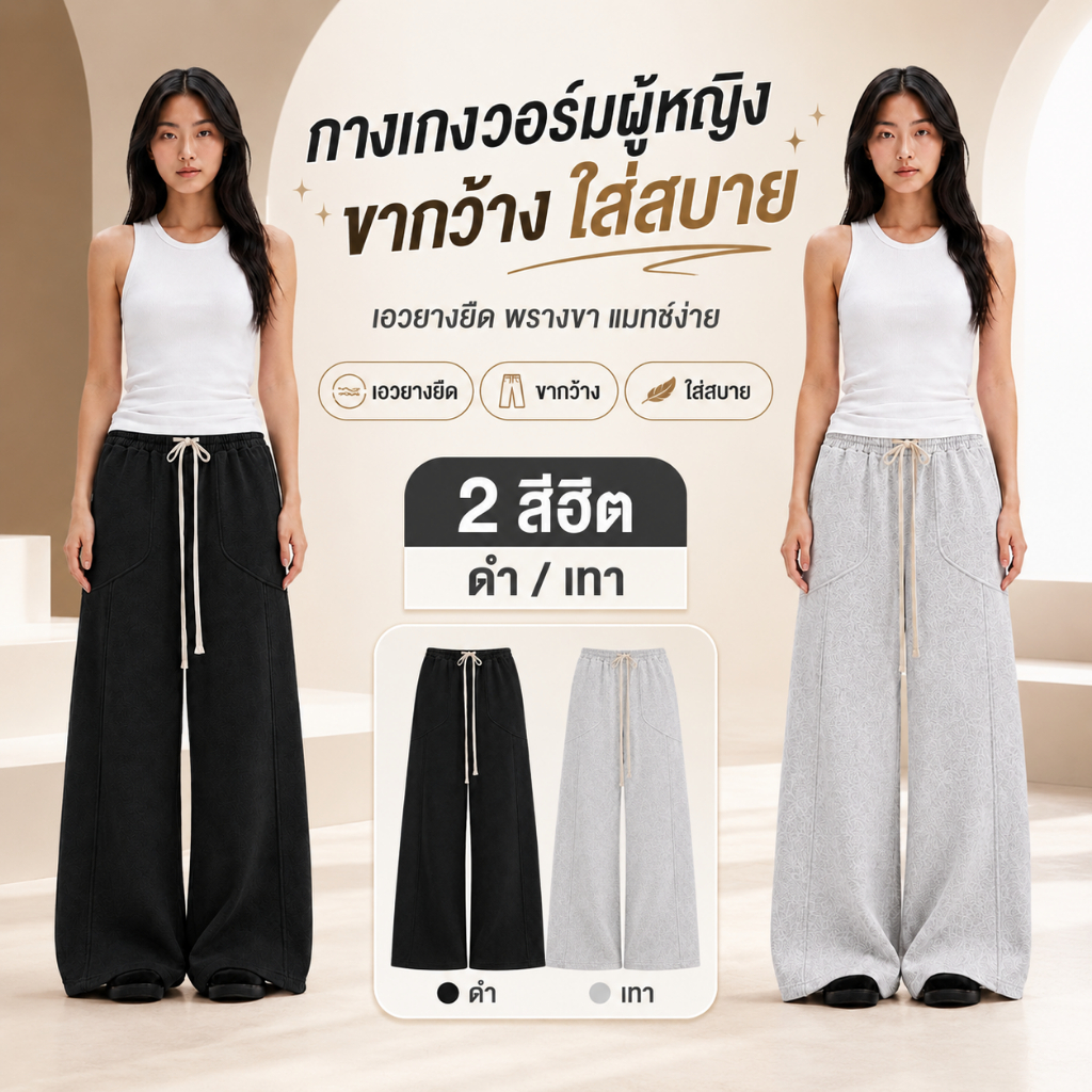 กางเกงวอมขายาวผู้หญิง กางเกงวอร์ม Baggy ทรงหลวม ขากว้าง เอวยางยืด มีเชือกรูด สีเทา ใส่สบาย ผ้านุ่ม แมทช์ง่าย ใส่เที่ยว